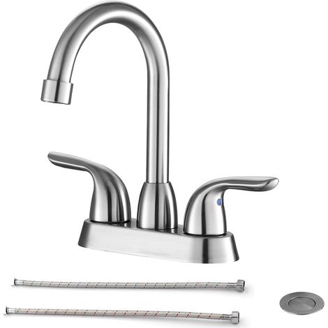 Robinet de lavabo de salle de bain à 2 poignées en laiton massif nickel brossé avec bonde escamotable et flexibles d'alimentation (1/5)