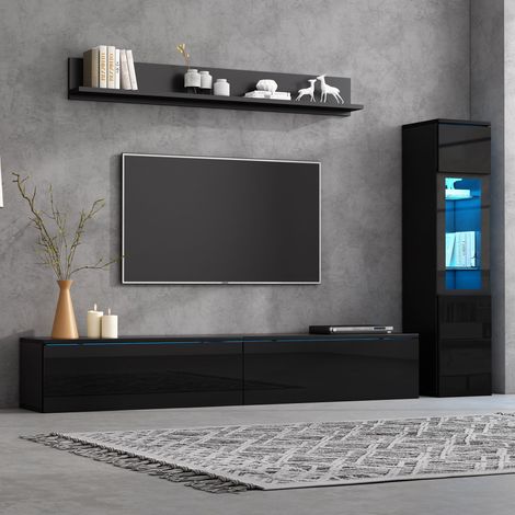 Unité murale TV 3 pièces noire brillante avec éclairage LED,compatible TV jusqu’à 80 pouces,composition box TV,vitrine et étagère suspendue. (1/5)