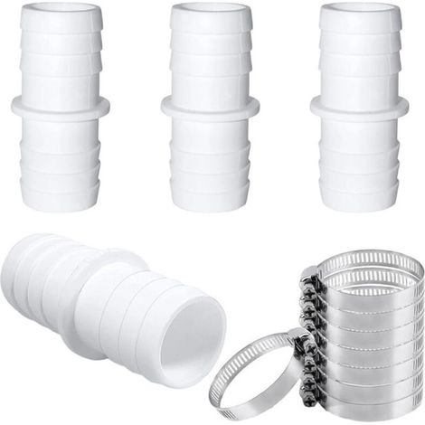 Le kit de connexion rapide pour tuyau de piscine de 38 mm comprend deux connecteurs de 38 mm et quatre colliers de serrage métalliques/adaptateurs pour tuyau d'aspirateur manuel. (1/5)