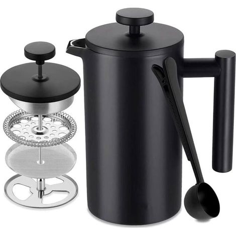 1 unité Cafetière à piston inox, isolation double paroi, 1 L, 7-8 tasses, noir mat, pour café et thé (1/4)