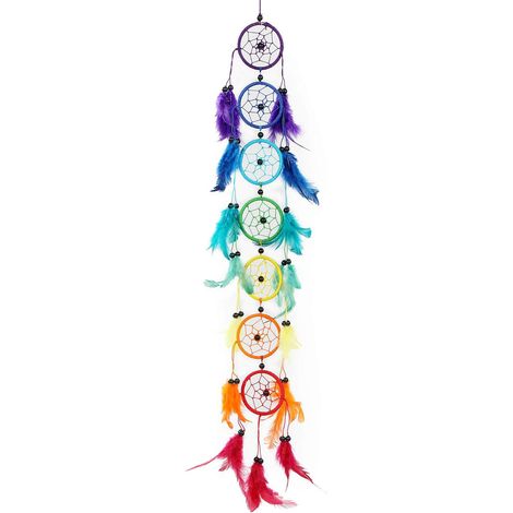 Attrape-rêves arc-en-ciel 7 chakras Rose Ananas - Fait main Indien en perles et plumes - Multicolore artisanal, décoration murale bohème (1/5)