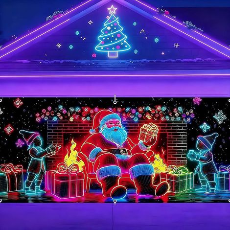Bandeau De Porte De Garage De Noël - Design Santa Et Elfes - Phosphorescent - Pour Intérieur Et Extérieur - 13 Pi Pieds X 6 Pi Pieds