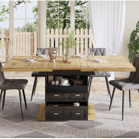 Mesa de comedor extensible 110-140 x 80 x 75 cm con 2 cajones, MDF y metal, natural HAVRYA (1/5)