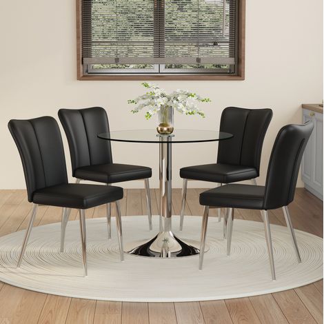 Essgruppe mit rundem Glastisch 85 cm und 4 PU-Esszimmerstühlen Schwarz Silber MODENUIT (1/5)
