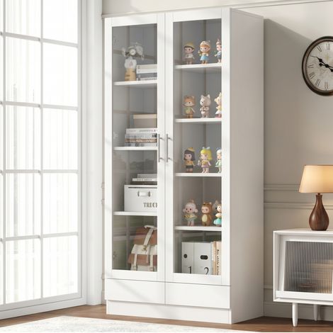 Armoire vitrée blanche avec 2 tiroirs, 80x40x160 cm (1/5)
