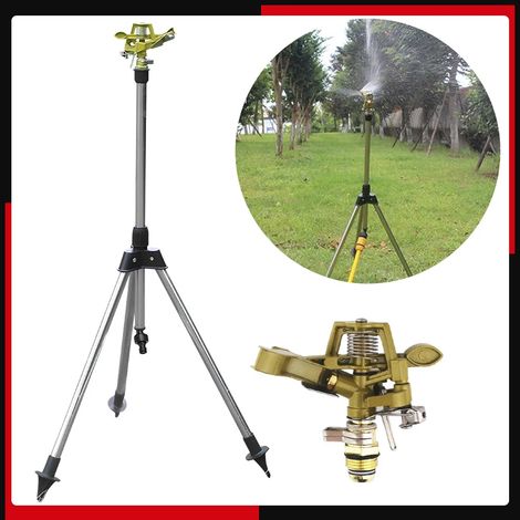 Arroseur à impact avec trépied rétractable, rotation 0-360°, large couverture, en alliage robuste, idéal pour jardin, pelouse et terrasse. (1/4)
