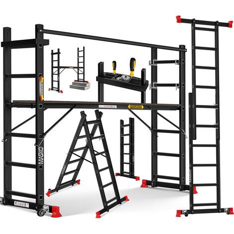 MASKO® Ponteggio con piattaforma, 4 in 1, scala multiuso - Nero (1/5)