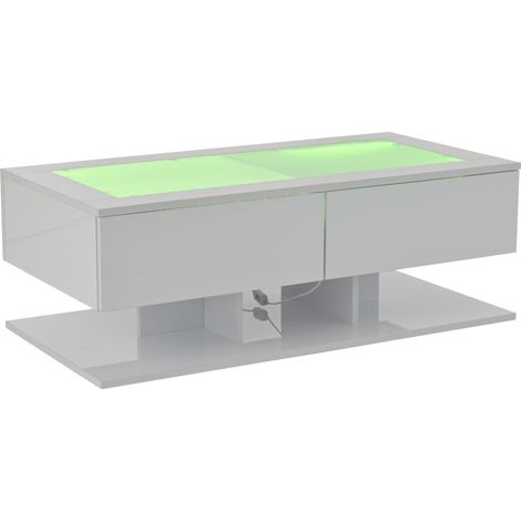 Tavolino da caffè 100 x 50 x 35 cm bianco lucido con 2 cassetti piano in vetro temperato e luci LED (1/5)