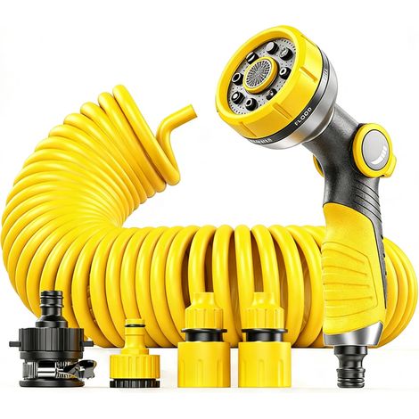 Kit d'arrosage haute pression comprenant un pistolet, un tuyau spiralé rétractable et un embout multifonction à 8 jets (Combiné : Lance à commande par le pouce + Tuyau spiralé de 10 mètres)