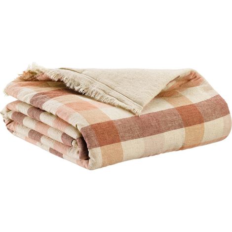 Édredon Terracotta en Lin Recyclé et Coton Jeté de Lit à Carreaux avec Franges 85 x 200 cm - PANGIVO
