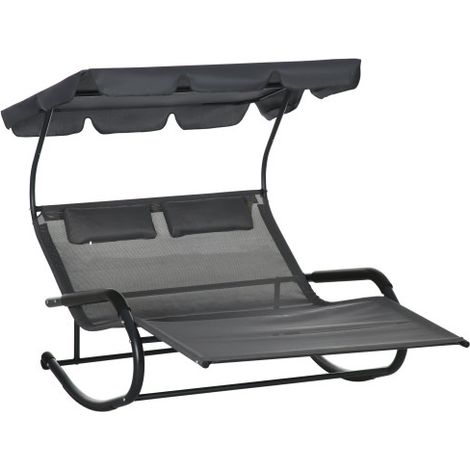 Doppel-Sonnenliege Schaukelbank mit Sonnendach, Schaukelsessel mit Rollen, Gartenliege mit Kopfkissen, 220 kg Belastung, für 2 Personen, Dunkelgrau, 200x139x140cm