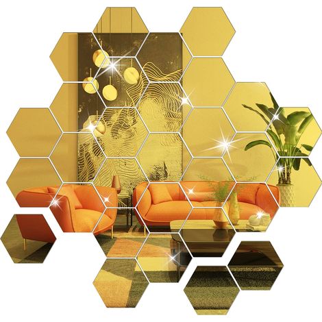 DIY-Wandaufkleber, 36-teiliges Acryl-Spiegelaufkleber-Set, sechseckige Spiegel-Wandaufkleber für Wohnzimmer- und Schlafzimmer-Dekor (Gold)