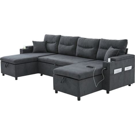 Sofá de 4 plazas en tejido gris oscuro con chaise longues dobles, almacenaje, USB y función cama (1/5)