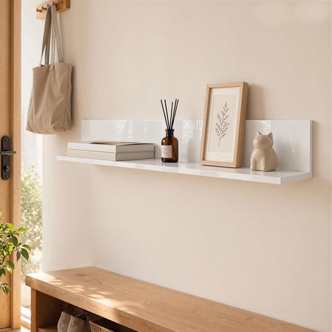 Étagère murale blanche pour salon et chambre, bois laqué brillant, épaisseur 1,5 cm. (1/5)