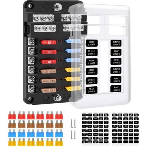 Blocs Fusible Lame ATC/ATO, Porte Fusible Voiture , Boîte Fusibles Voiture 12 voies avec Indicateur de Bus Négatif pour Voiture, Bateau, Fourgonnette, SUV (1/5)