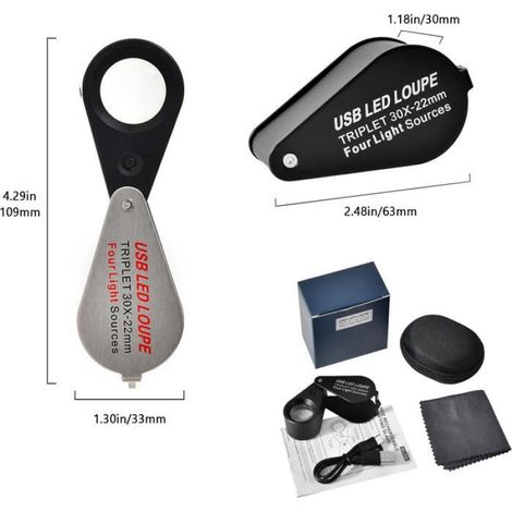 Loupe Bijoutier - Grossissement 30x - Lentille Verre Optique 22 mm - 4 Modes Éclairage LED/UV - Rechargeable - Aluminium - Argenté (1/5)
