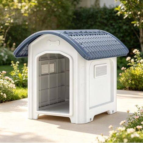 Niche pour chien d'extérieur en PP, toit incliné, base surélevée, blanc et gris HAVRYA (1/5)