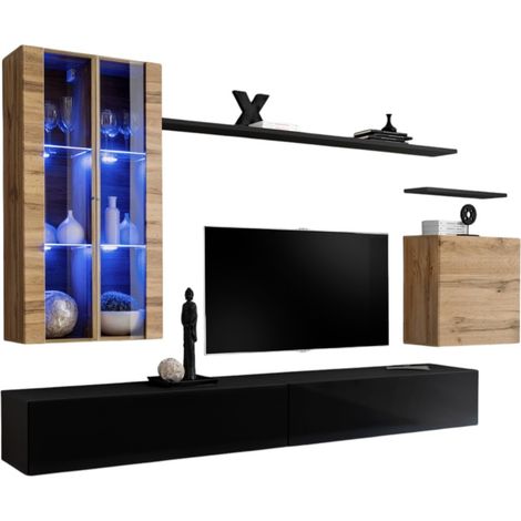Composizione murale SWITCH XII – Mobili TV, vetrine LED, cubo e scaffali – Nero lucido e rovere Wotan – Design moderno