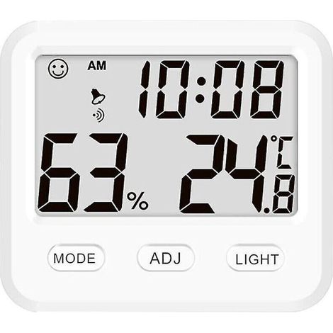 Temperature and humidity gauge with desk clock for bedroom and office. Backlit, precise monitor, clear reading. White design.