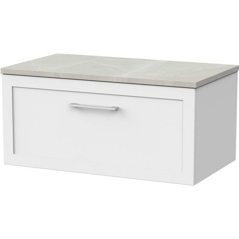 Stonnall Traditional Wall Hung 1 Drawer Vanity Unit with Marble Plaster Laminate Worktop, 800mm, Matt White