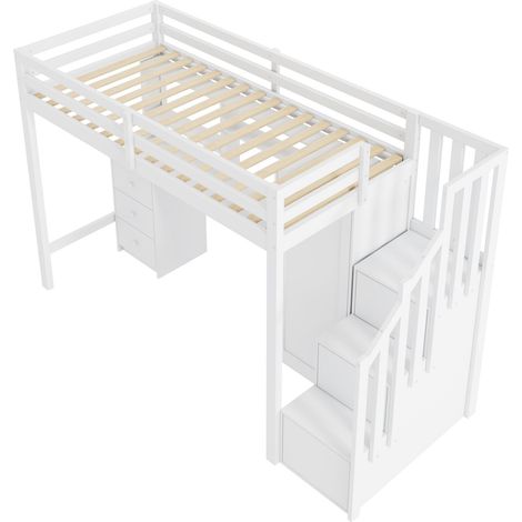 Lit superposé avec bureau et armoire, escalier, lit multifonctionnel pour enfant, lit superposé pour enfant, équipé de tiroirs et d'une armoire d'escalier, 90200cm blanc (1/5)