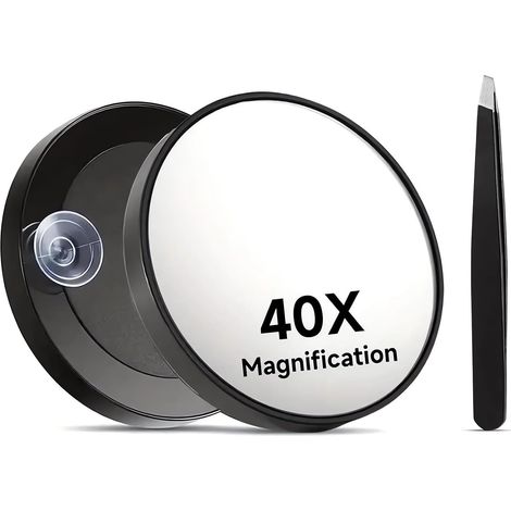 Espejo con aumento de 40x, de 8,8 cm, con ventosas y pinzas, para un maquillaje preciso y para dar forma a las cejas durante los viajes.