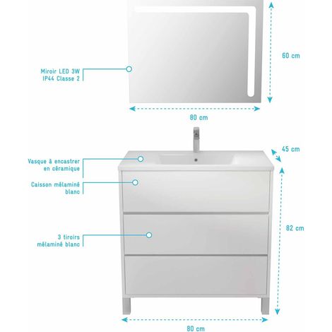 ensemble meuble de salle de bain blanc 80 cm sur pied 3 tiroirs + vasque ceramique blanche + miroir — vue 4