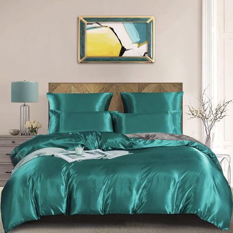 Bettwäsche-Set 135x200cm 4-teilig Satin Glänzend Türkis Grau Wendebettwäsche
