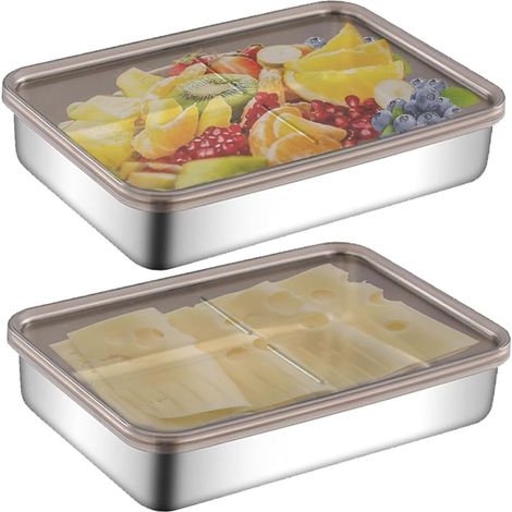 Boite Rangement Fromage pour Frigo avec Couvercle Jeu de 2, Récipient Stockage Conservation Alimentaire Acier Inoxydable pour Conserver Charcuterie, Fromage, Saucisse, Bacon, Saumon Fumé, Jambon (1/5)