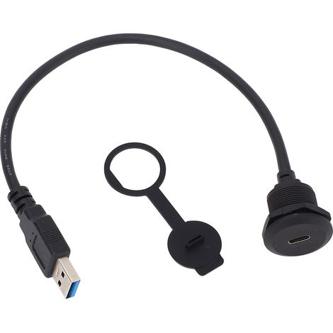 Câble encastré USB-C vers USB mâle femelle de 30 cm, filetage 13/16 po, avec capuchon anti-poussière, pour véhicules et bateaux, 5-20 V, 1-3 A
