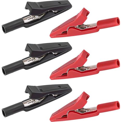 Set mit 6 Krokodilklemmen, 41,5 mm, mit roten und schwarzen Kunststoffgriffen, vernickeltem Messing mit PVC-ummantelten Isolierhülsen, für Elektroarbeiten. (1/4)