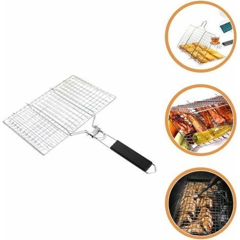 Panier de barbecue - Panier de barbecue en acier inoxydable, panier de barbecue pliable avec poignée, sac de rangement, grille de barbecue pour poisson, steak, légumes, crevettes (32 x 21.5cm) (1/4)