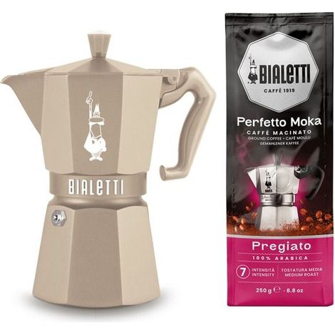 Caffettiera italiana Bialetti Set Moka Exclusive Induzione colore sabbia + 1 pacchetto di caffè Pregiato da 250 gr (1/4)