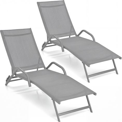 COSTWAY Set di 2 Lettini Prendisole da Esterno, Sedie da Giardino Regolabili a 5 Posizioni con Tessuto Traspirante e Asciugatura Rapida, Braccioli Ergonomici, per Terrazza e Piscina (Grigio) (1/5)