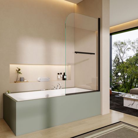 800x1400mm Matt Black Pivot Bath Shower Screen, 6mm Safety Glass Panel with Towel Rail,180 Degree Reversible (1/5)