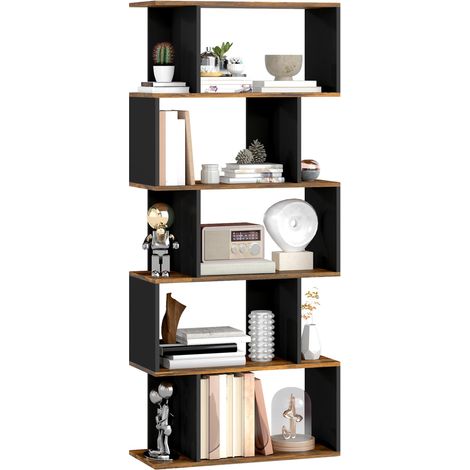 Bibliothèque murale asymétrique moderne à 5 étagères en bois, 70 x 29,5 x 163 cm, brun rustique