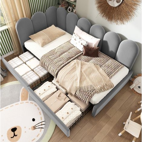 Letto in velluto grigio 90x200 cm con 2 cassetti, rete a doghe inclusa e struttura reversibile a L (1/5)