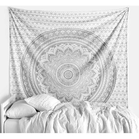 Wandteppich mit Mandala-Muster im Hippie-Stil, silber-weiß – 130 x 150 cm, Boho-Wanddekoration für Zuhause oder Strand, indischer Baumwollteppich, geeignet fürs Schlafzimmer (1/4)
