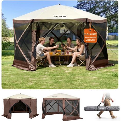 Tonnelle pop-up, 3,51x3,51 m, tente à moustiquaire escamotable polygone à 6 côtés, abri solaire à réglage rapide avec 6 toiles coupe-vent amovibles, fenêtres en maille, sac de transport, marron (1/4)