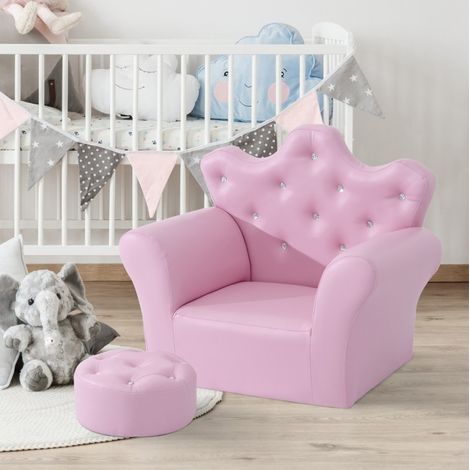 MEUBLIV Kindersofa 58 x 40,5 x 49 cm Rosa – mit Ottomane und Krönchen-Rückenlehne (1/5)