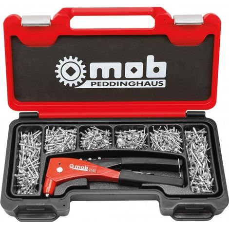 Mob Outillage – Coffret pince à riveter 500 rivets – Embouts interchangeables 2,4-4,8 mm – Dureté 44 HRC – Pose rapide 4 pompes pour rivets 5 mm