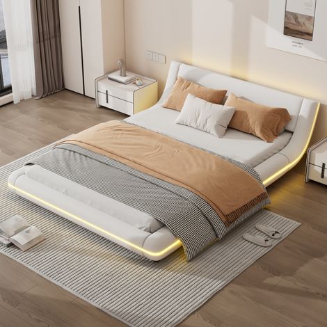 Lit adulte chambre 140 200 couchage LED PU blanc design OKMYHOME (1/5)