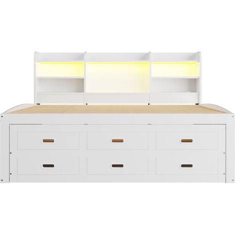 Ausziehbett 140 x 200 cm weiß mit LED, 3 Schubladen, Ablage, USB und Type-C