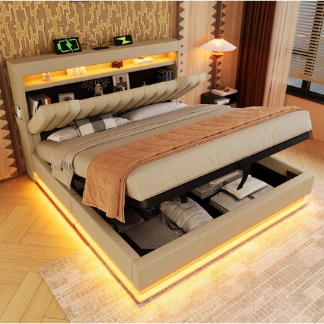Cama doble 180x200 cm tapizada en lino beige con cabecero de almacenaje, LED, USB y arcón elevable (1/5)