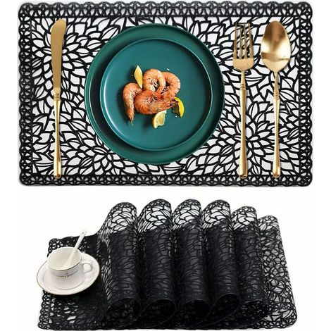 6er-Set wasserfeste Kunststoff-Tischsets für den Esstisch. Leicht zu reinigen und abwaschbar. Schwarze PVC-Vinyl-Tischsets für die Küche.