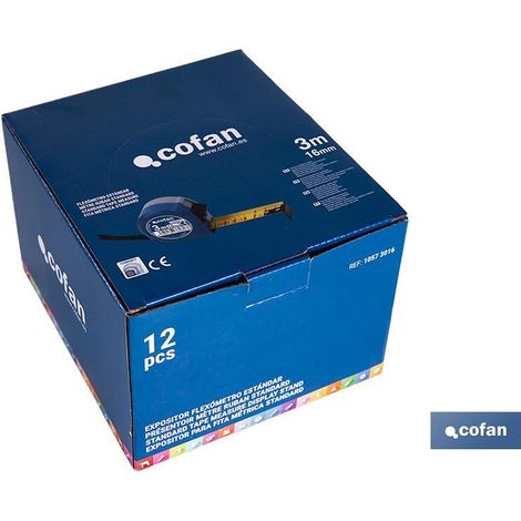 COFAN expositor flexómetro estándar 16 mm x 3 m 12 uds. , Expositor para flexómetros estándar con botón de bloqueo de la hoja de Cofan, una herramienta esencial para cualquier ferr