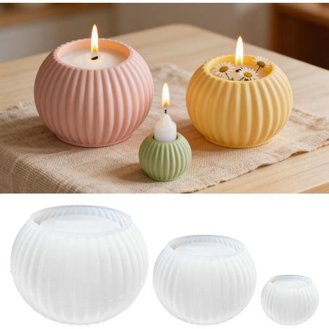 Lot de 3 moules en silicone pour bougeoirs, moules de coulée ronds rayés pour bougies DIY