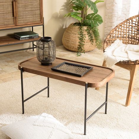 SIXTINE - Table basse ovale 85x43cm plateau en bois de teck recyclé (1/5)