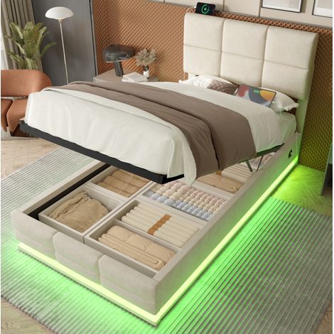 Lit 90x200 cm beige – tête réglable, LED, USB et rangement, sans matelas (1/5)