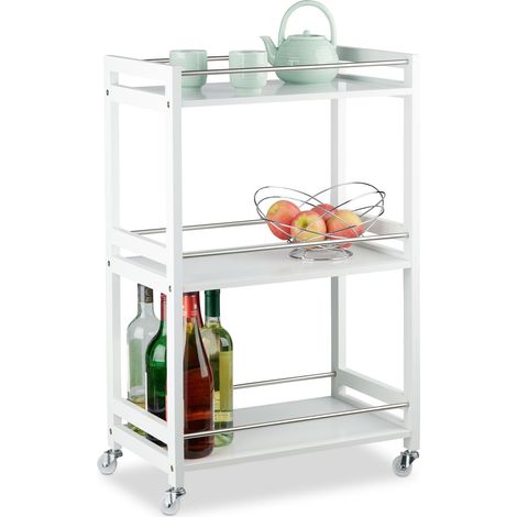 Relaxdays 3-Tier Serving Cart, Bamboo Kitchen Trolley, Tea Station, MDF, Steel, HxWxD: 80.5 x 51 x 30 cm, White (1/5)